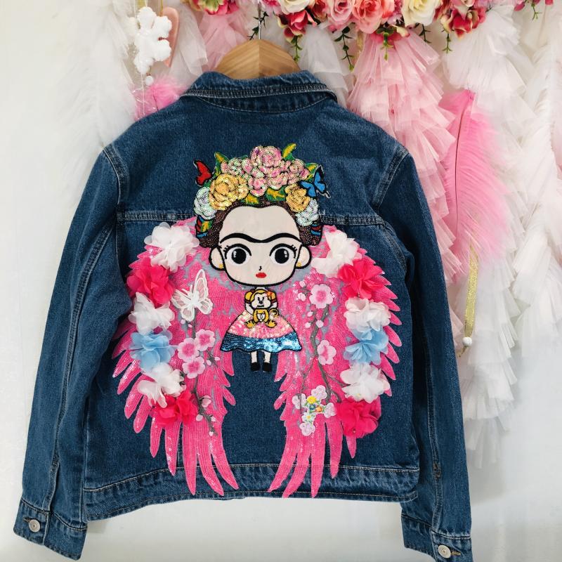 décor Frida PINK Angel sur veste en jeans inclus