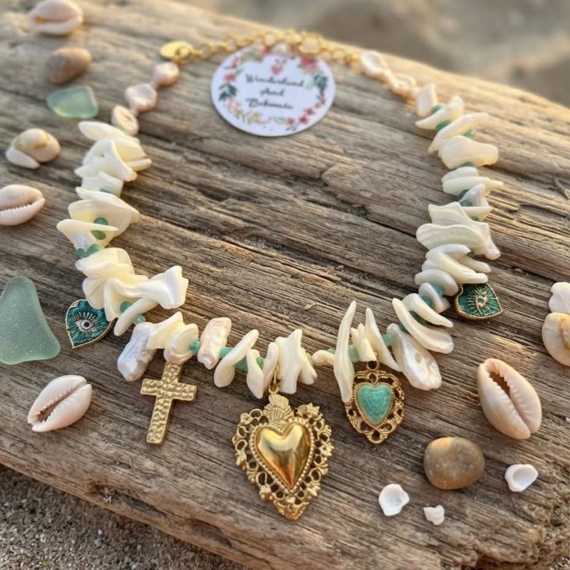 Collier Ras de Cou Réglable Sérénité (Nacre, Coquillages et Amazonite