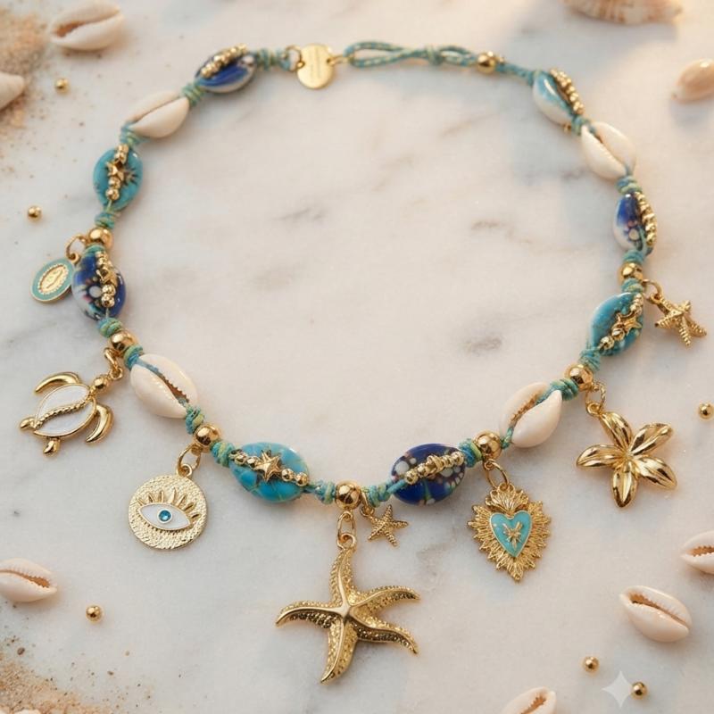 Collier Océanide Unique | Bijou Bohème Acier Inoxydable & Coquillages Bleus | Tortue, Étoile de Mer | Fait Main, Style Marin