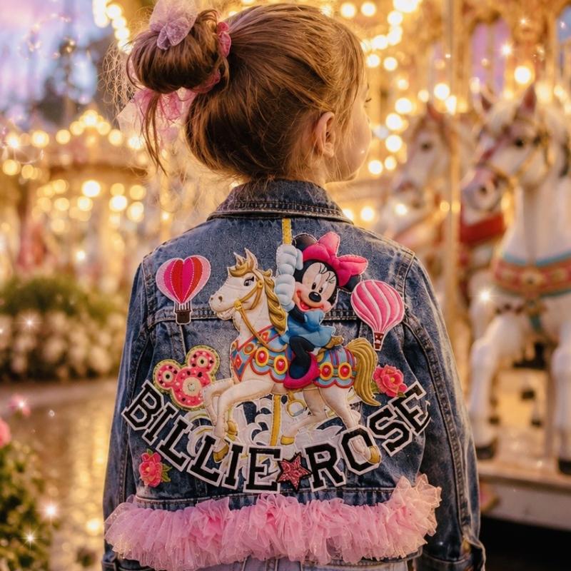 décor Minnie Fantaisie “Vestes en Jean Personnalisées & Féeriques pour Enfants – Cadeaux Uniques pour Noël et Anniversaires
