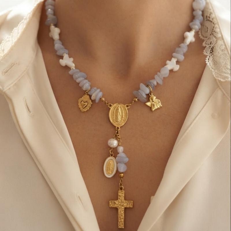 Collier Chapelet Divin en Calcédoine Bleue - Édition Spéciale Noël