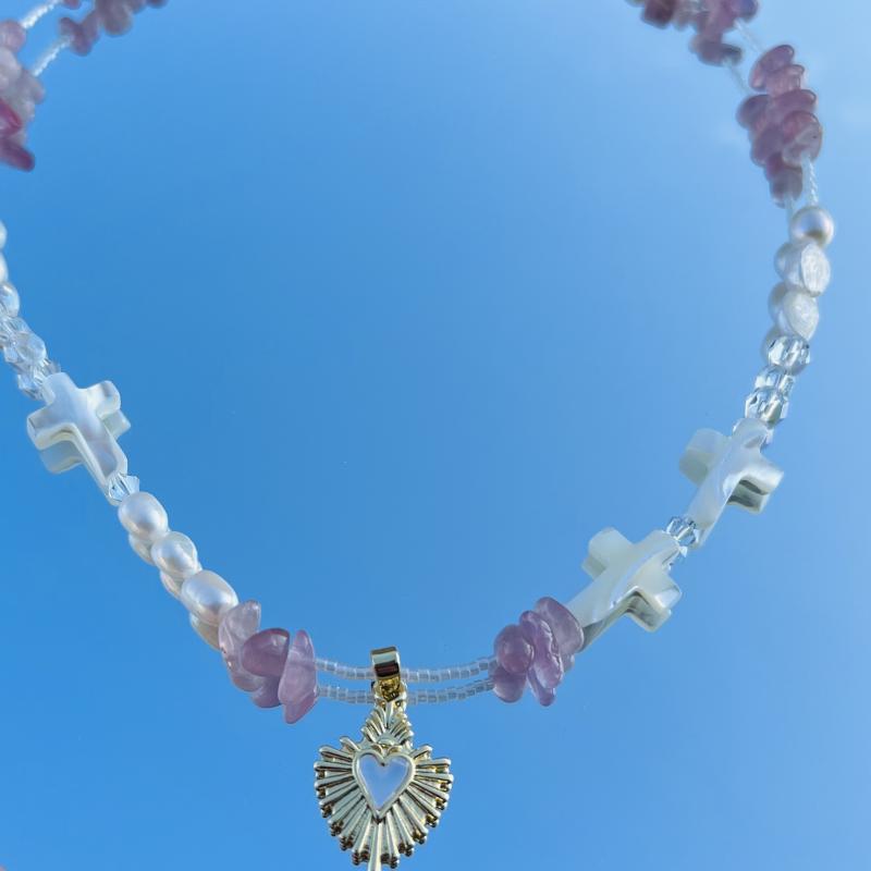 Collier model 3 croix quartz rose