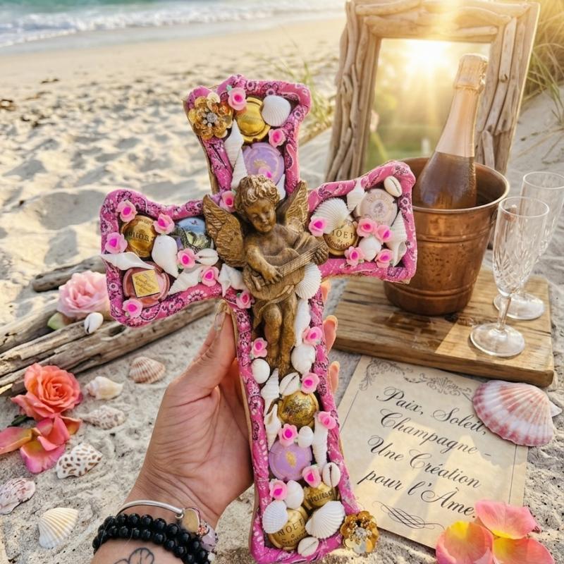 Croix murale artisanale style ex-voto kitsch chic | Déco ange et bandana rose | Objet d'art fait main motif floral unique 30 cm