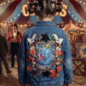 Image decor circus elephant “Vestes en Jean Personnalisées & Féeriques pour Enfants – Cadeaux Uniques pour Noël et Anniversaires sur base en jeans classique