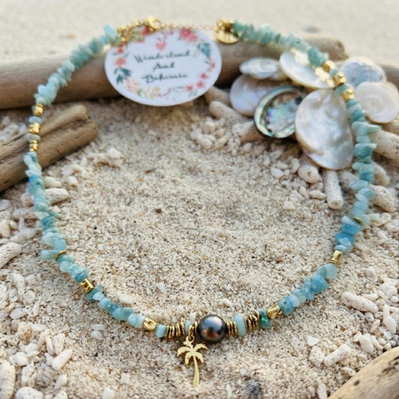 Collier Bohème Lagoon – Amazonite naturelle, Perle de Tahiti & Pendentif Palmier en Acier Inoxydable