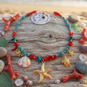 Image collier coraux et turquoise
