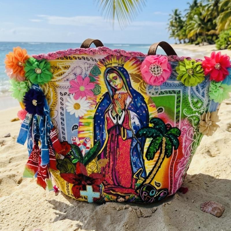Panier Bohème Unique – Vierge de Guadalupe, Décoration Florale & Esprit Folk